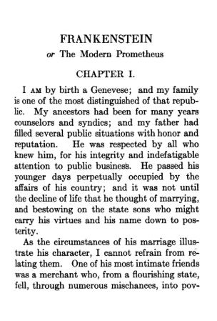 This is an image of the first two paragraphs of the first chapter of Frankenstein by Mary Shelley.