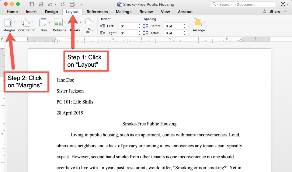 This is an image of how to check the format settings on Microsoft Word. Step 1: Click on 'Layout' at the top of the page. Step 2: Clock on 'Margins' on the left side.