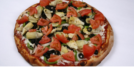This is an image of a pizza with a lot of toppings.