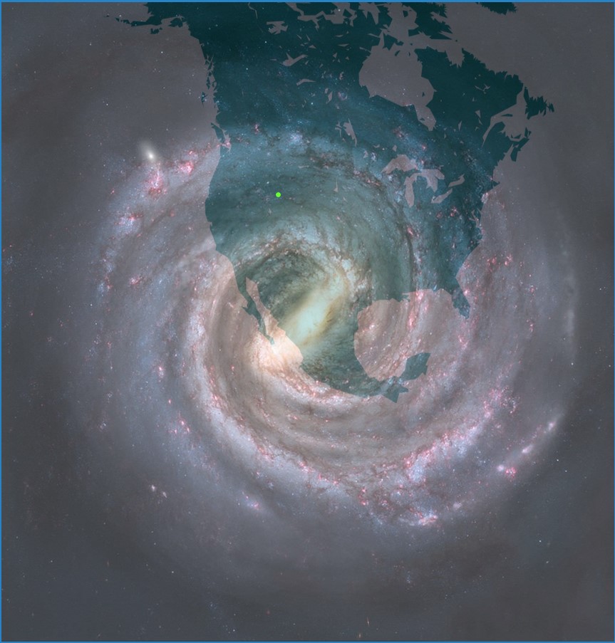 The Milky Way Galaxy overlaid on a map of North America, with a green dot on Rexburg.