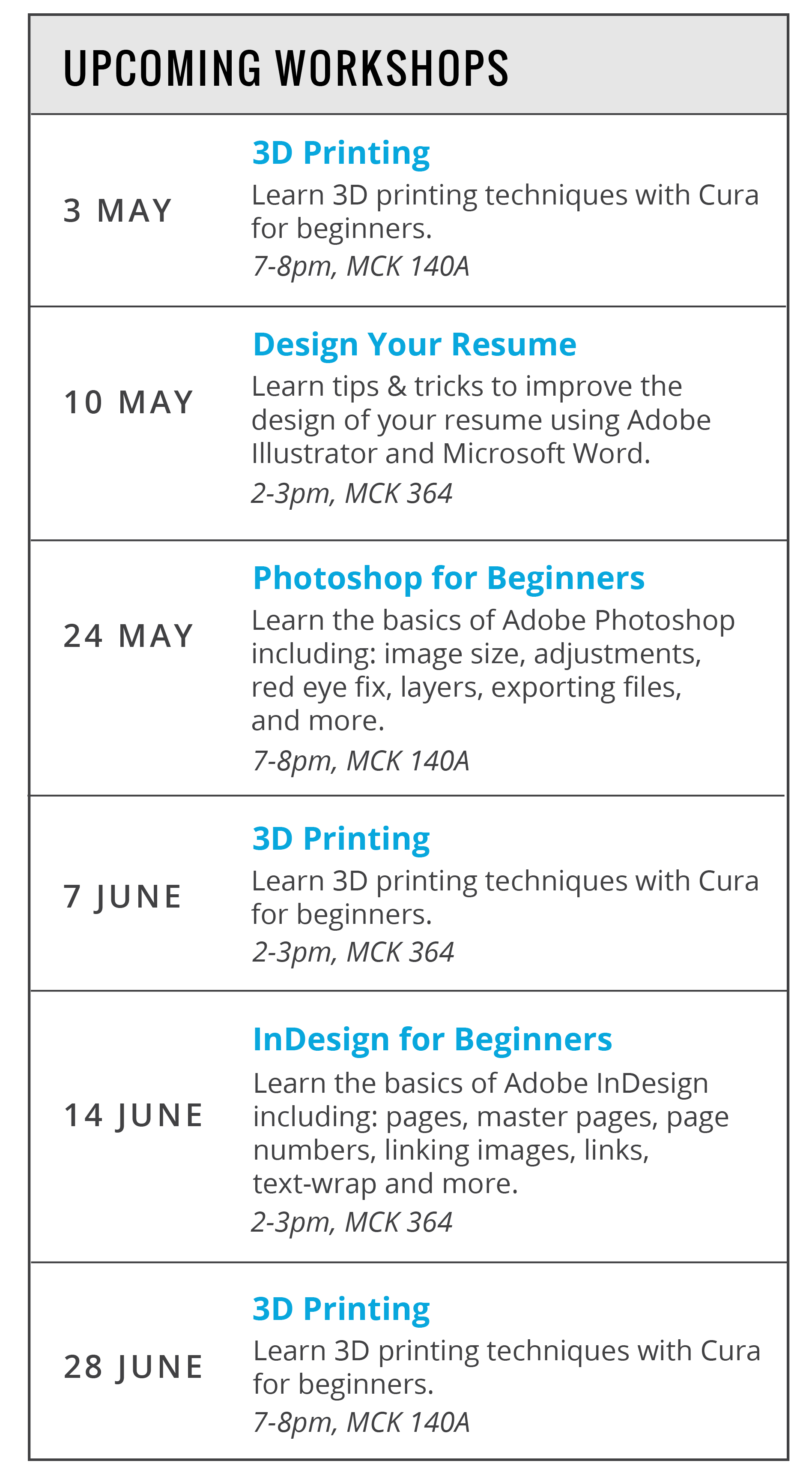 Workshop Dates